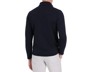 Person wearing Holderness & Bourne Men’s Navy Zip Up Jacket on a white background