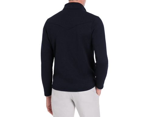 Person wearing Holderness & Bourne Men’s Navy Zip Up Jacket on a white background