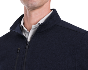Holderness & Bourne Men’s Navy Zip Up Jacket with a white shirt collar on a white background