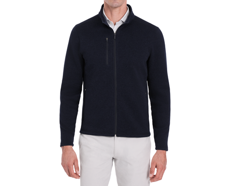 Man wearing Holderness & Bourne Men’s Navy Zip Up Jacket on a white background