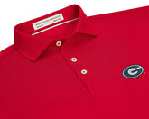 Close-up of the University of Georgia Anderson Shirt: Liberty Red flat-lay showing the collar, three pearl buttons, and embroidered Georgia G logo on the left chest.