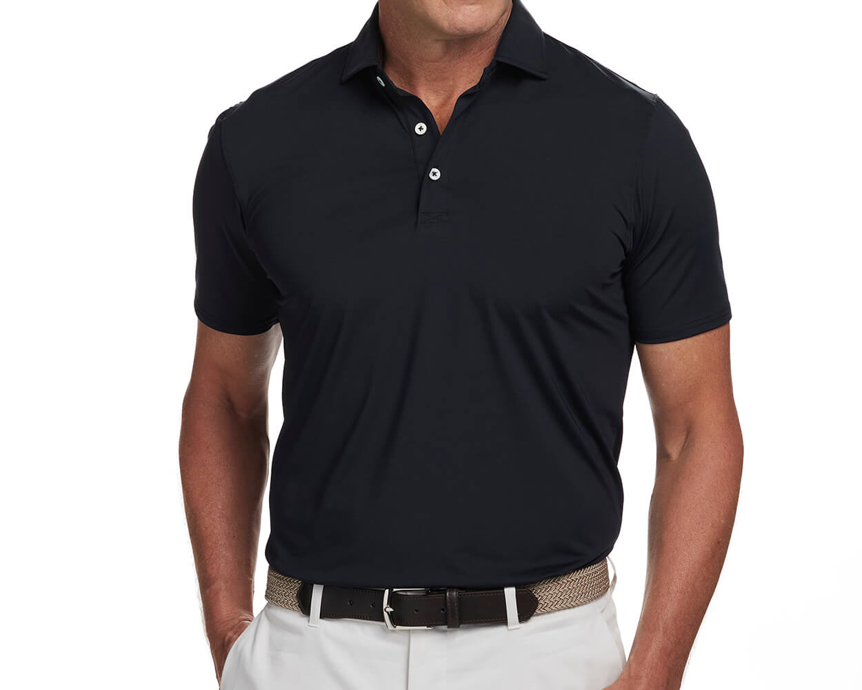 Front shot of Holderness and Bourne solid black polo shirt modeled on man's torso.