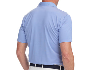 Back shot of Holderness and Bourne cobalt tshirt modeled on man's torso.
