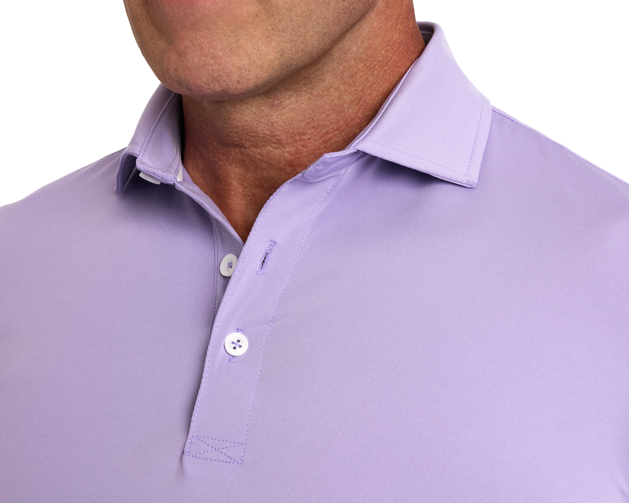 Close-up of The Anderson Shirt: Tudor, featuring a polo-style design with a two-button placket, structured spread collar, and visible stitching details.