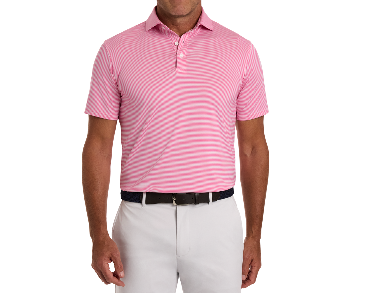The Perkins Shirt: Belmont & White, showcasing a light-pink polo with fine stripes, tucked into light-gray trousers, features moisture-wicking fabric and UPF 50+ protection.