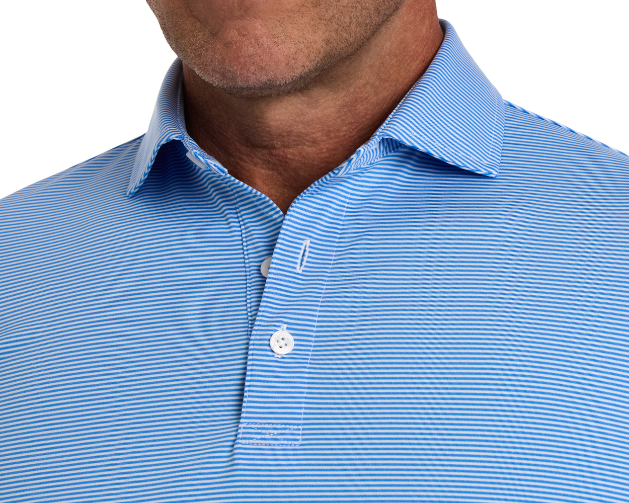 Man wearing The Perkins Shirt: Horizon Blue & White, showing a light-blue polo with fine white stripes, two-button placket, and classic collar.