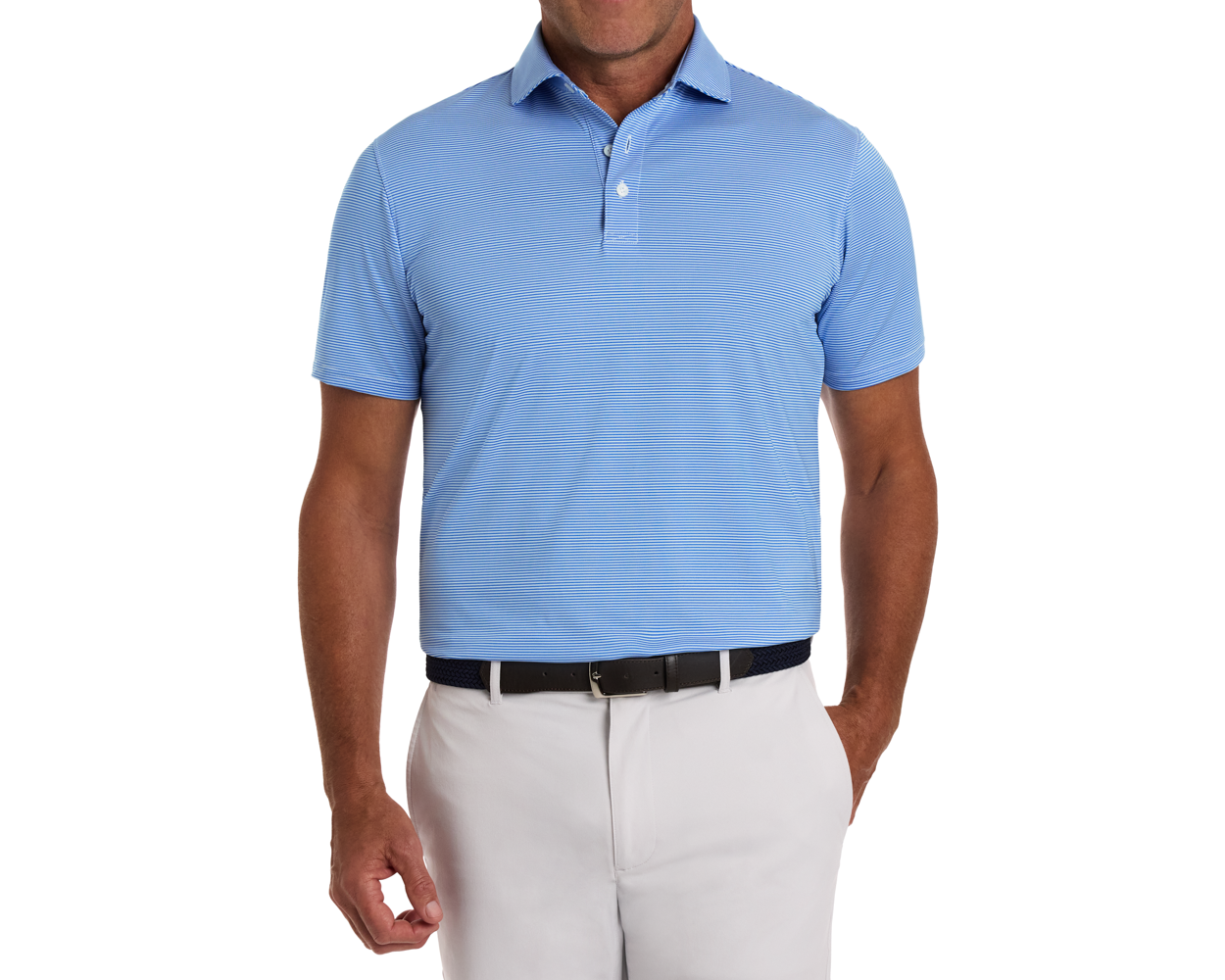The Perkins Shirt: Horizon Blue & White features light-blue stripes, short sleeves, a structured collar, and is paired with beige trousers and a dark belt.