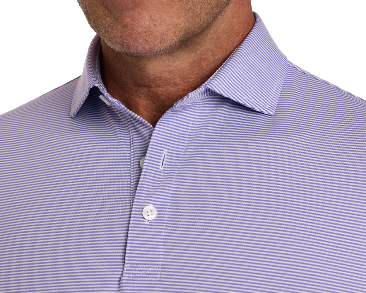 Close-up of The Perkins Shirt: Tudor & White, showing a finely striped polo-style shirt with a classic collar and white buttons, highlighting its structured elegance.