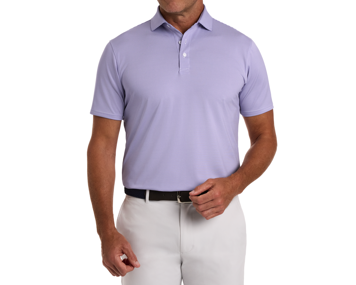 The Perkins Shirt: Tudor & White, featuring a light purple short-sleeve polo, fine stripes, structured collar, and a woven belt, ideal for golf or casual wear.