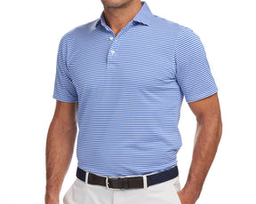 Front shot of Holderness and Bourne blue and white polo shirt modeled on man's torso.