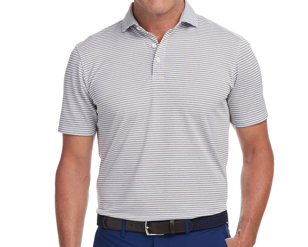 Front shot of Holderness and Bourne white and gray shirt modeled on man's torso.