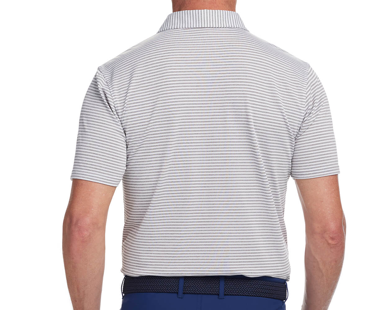 Back shot of Holderness and Bourne gray and white striped shirt modeled on man's torso.