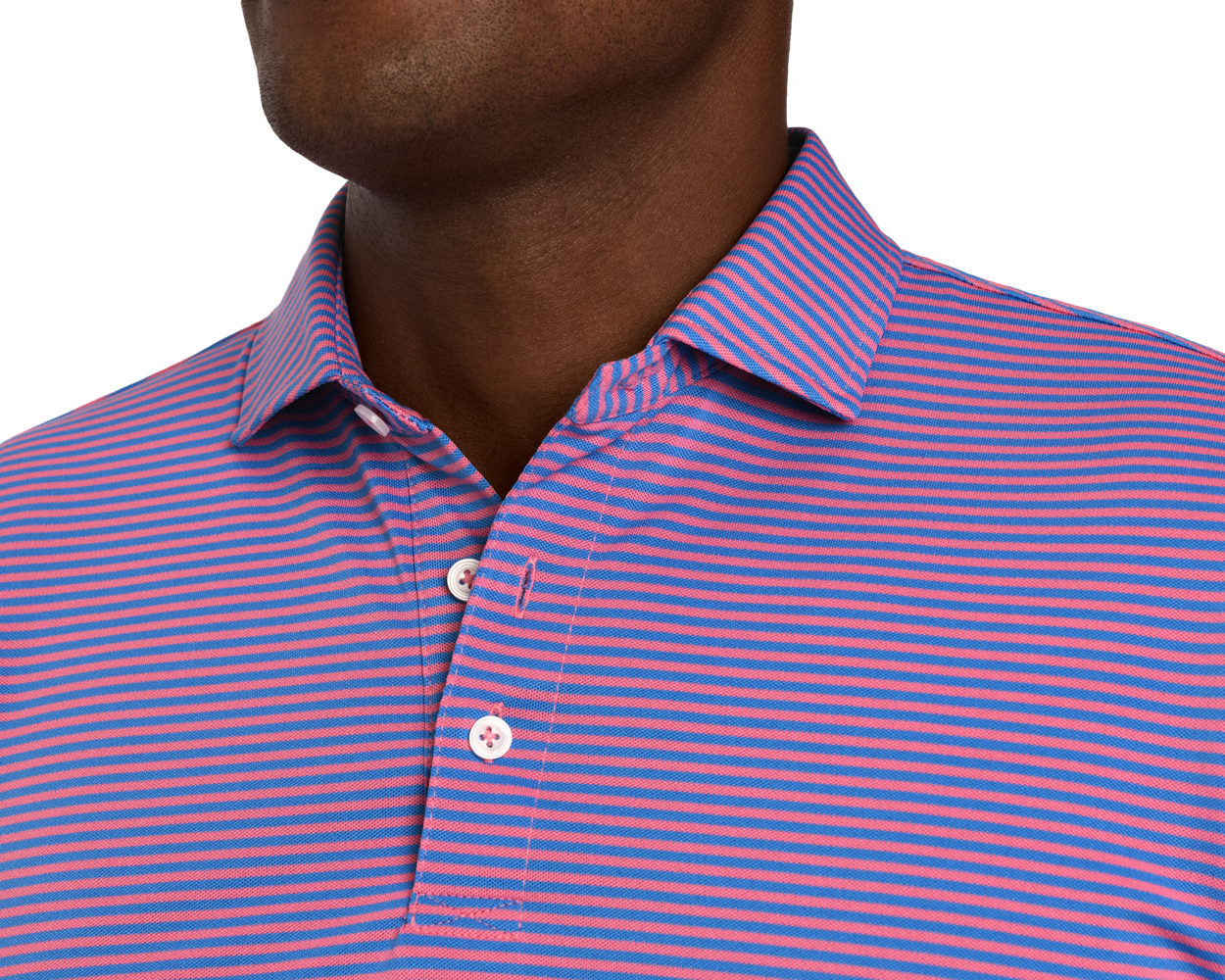 Close-up of The Maxwell Shirt: Horizon Blue & Belmont, featuring a striped polo design with a buttoned placket and structured collar for modern comfort and style.
