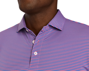 Close-up of The Maxwell Shirt: Horizon Blue & Belmont, featuring a striped polo design with a buttoned placket and structured collar for modern comfort and style.