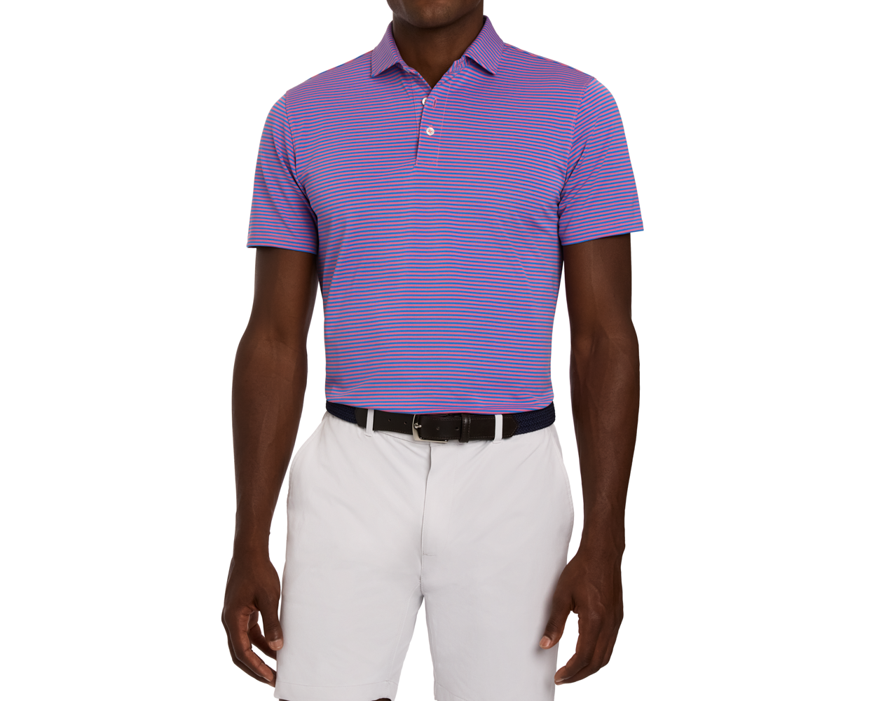Male model wearing The Maxwell Shirt: Horizon Blue & Belmont, a slim-fit, short-sleeve polo with fine stripes, paired with tailored shorts and a dark belt.