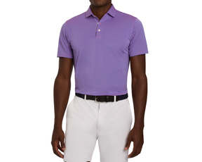 Male model wearing The Maxwell Shirt: Horizon Blue & Belmont, a slim-fit, short-sleeve polo with fine stripes, paired with tailored shorts and a dark belt.