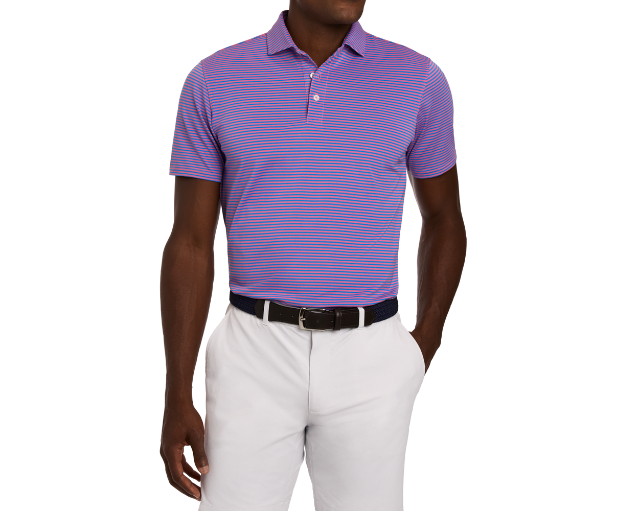 Model wearing The Maxwell Shirt: Horizon Blue & Belmont, a fitted striped polo with short sleeves, tucked into light trousers, paired with a dark woven belt.