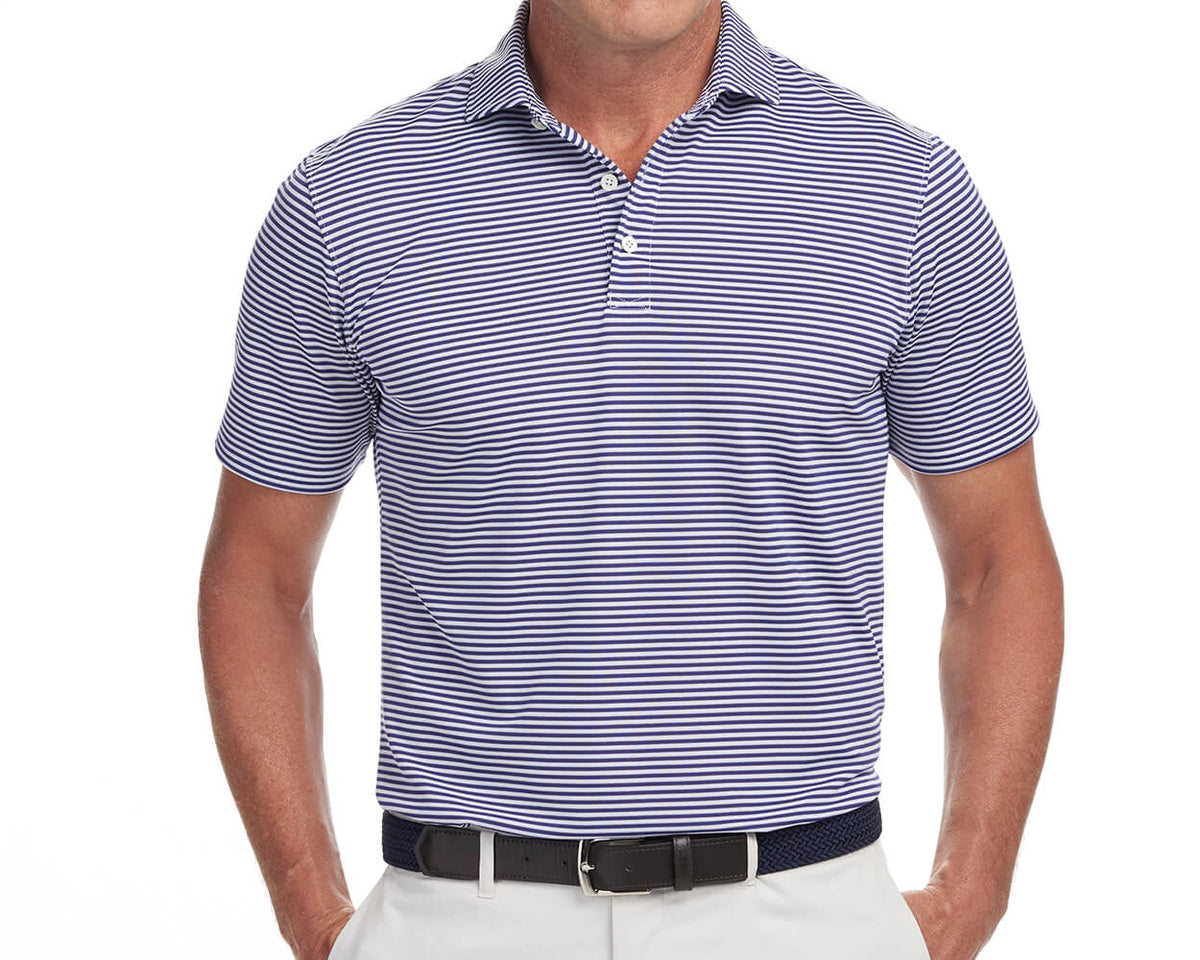 Navy Blue and White Striped Polo Shirt | Holderness & Bourne