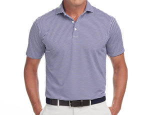 Front shot of Holderness and Bourne blue and white striped polo shirt modeled on man's torso.