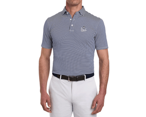 2026 PGA Championship Maxwell Shirt: Navy & White striped polo with embroidered logo, paired with light trousers and a dark woven belt.