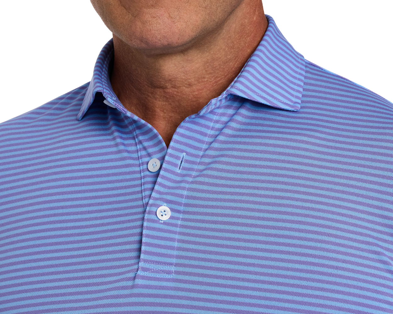 The Maxwell Shirt: Tudor & Vista Blue features a pointed collar, two-button placket, and narrow stripes, crafted from stretchy performance pique for comfort.