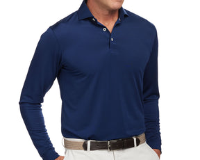 Front shot of Holderness and Bourne mens navy blue long sleeve shirt modeled on man's torso.