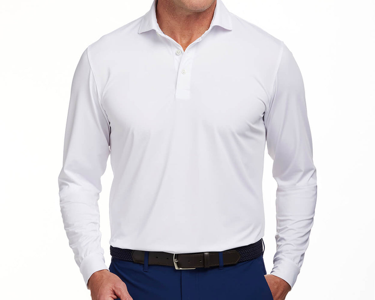 Front shot of Holderness and Bourne white long sleeve polo shirt mens modeled on man's torso.
