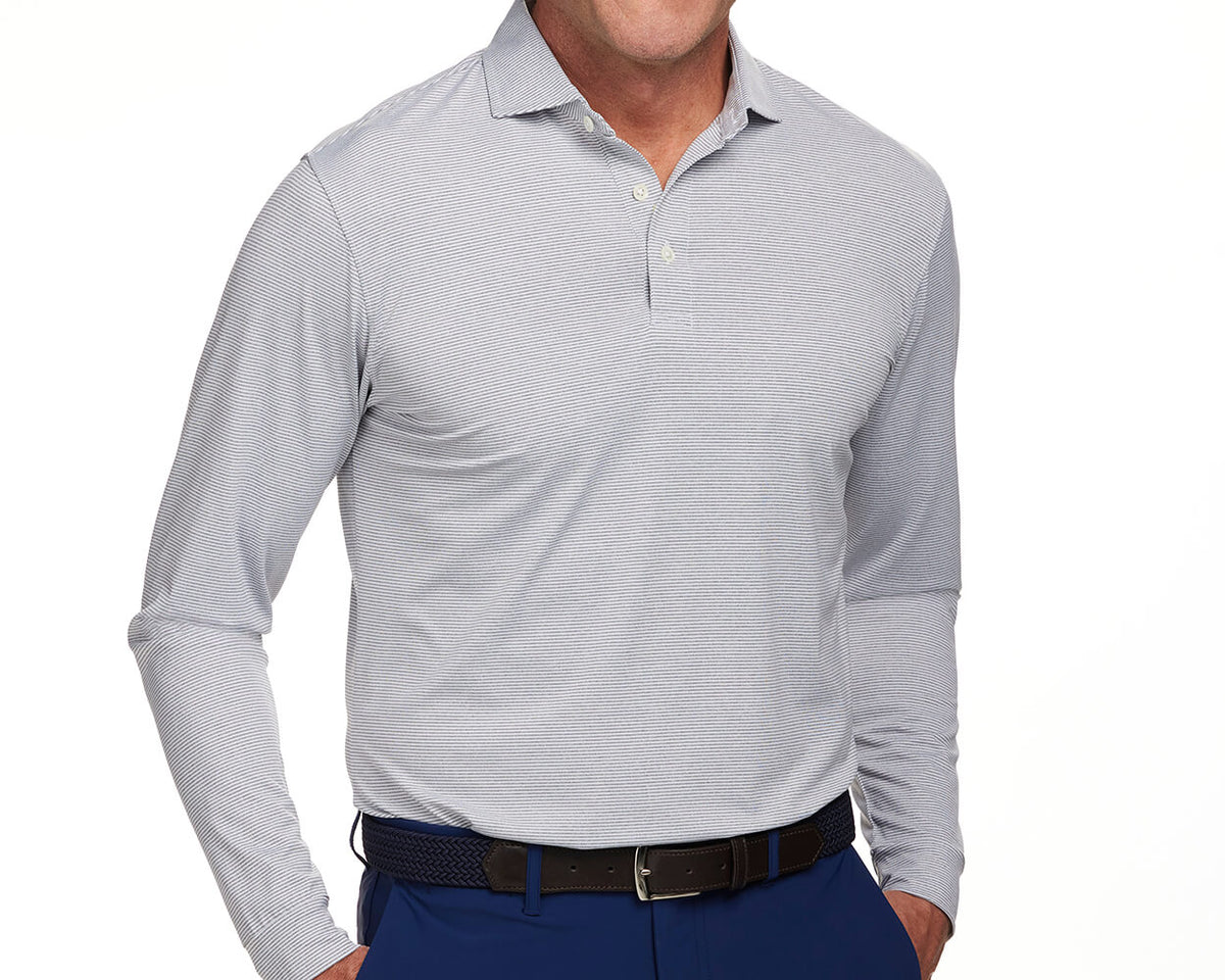 Front shot of Holderness and Bourne gray and white shirt modeled on man's torso.