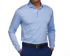 Front shot of Holderness and Bourne light blue long sleeve modeled on man's torso.