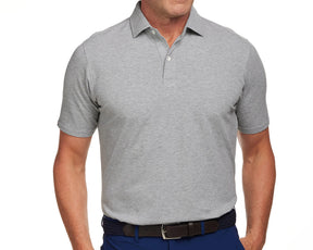 Front shot of Holderness and Bourne men's gray polo shirt modeled on man's torso.