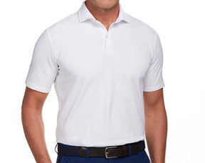 Front shot of Holderness and Bourne white cotton polo shirt modeled on man's torso.