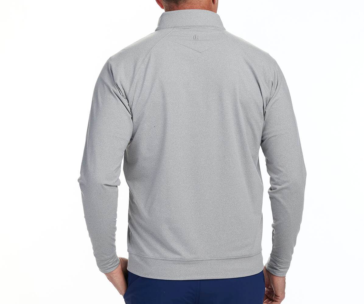 Back shot of Holderness and Bourne men's gray pullover modeled on man's torso.