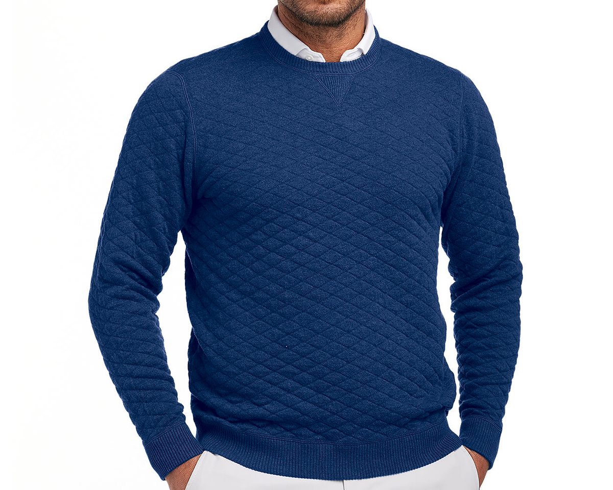 Model Wearing Holderness & Bourne Mens Blue Crewneck Sweater