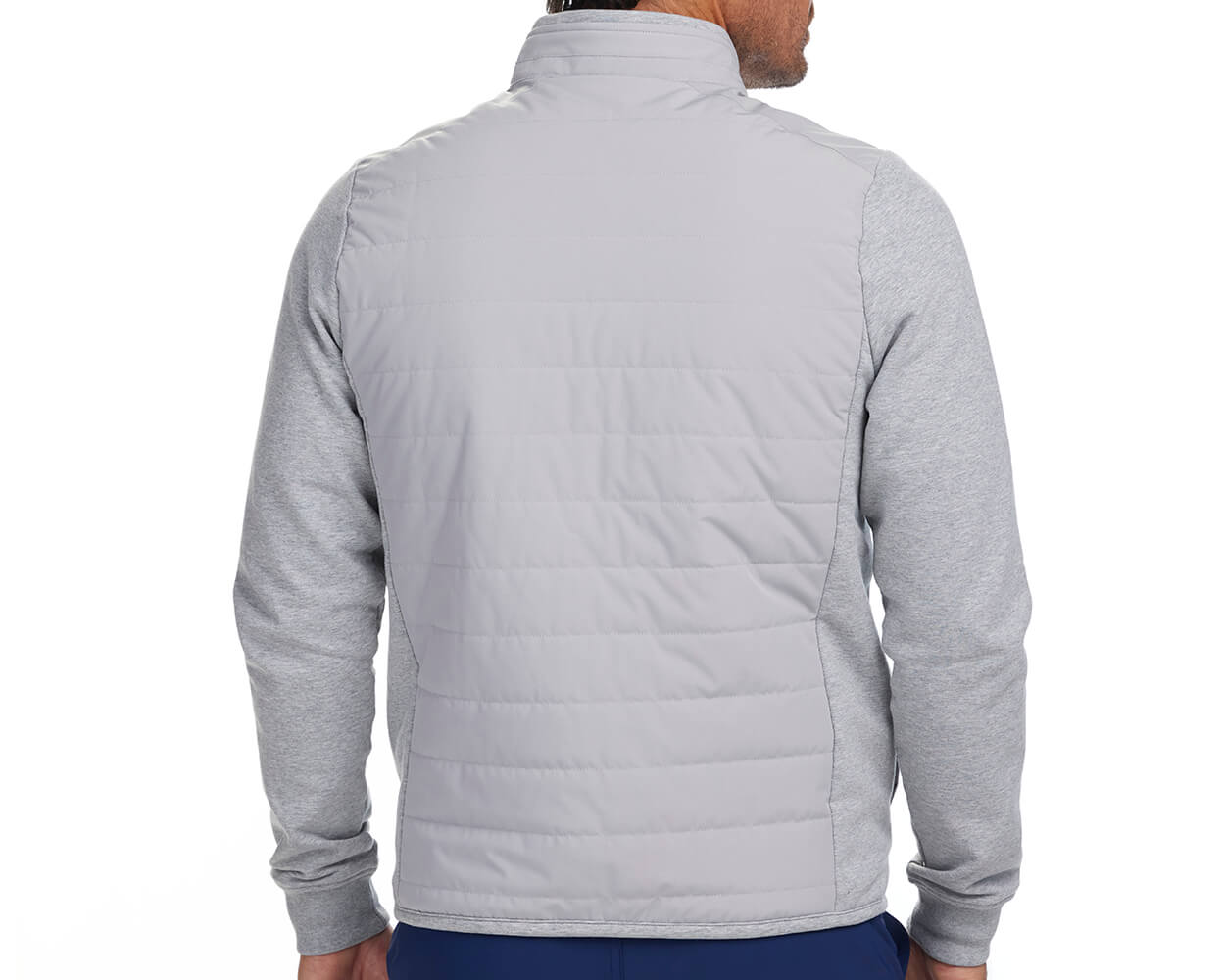 Back shot of Holderness and Bourne gray fleece jacket modeled on man's torso.