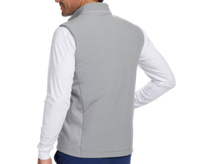 Back shot of Holderness and Bourne vest grey modeled on man's torso.