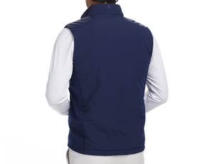 Back shot of Holderness and Bourne golf vest mens modeled on man's torso.