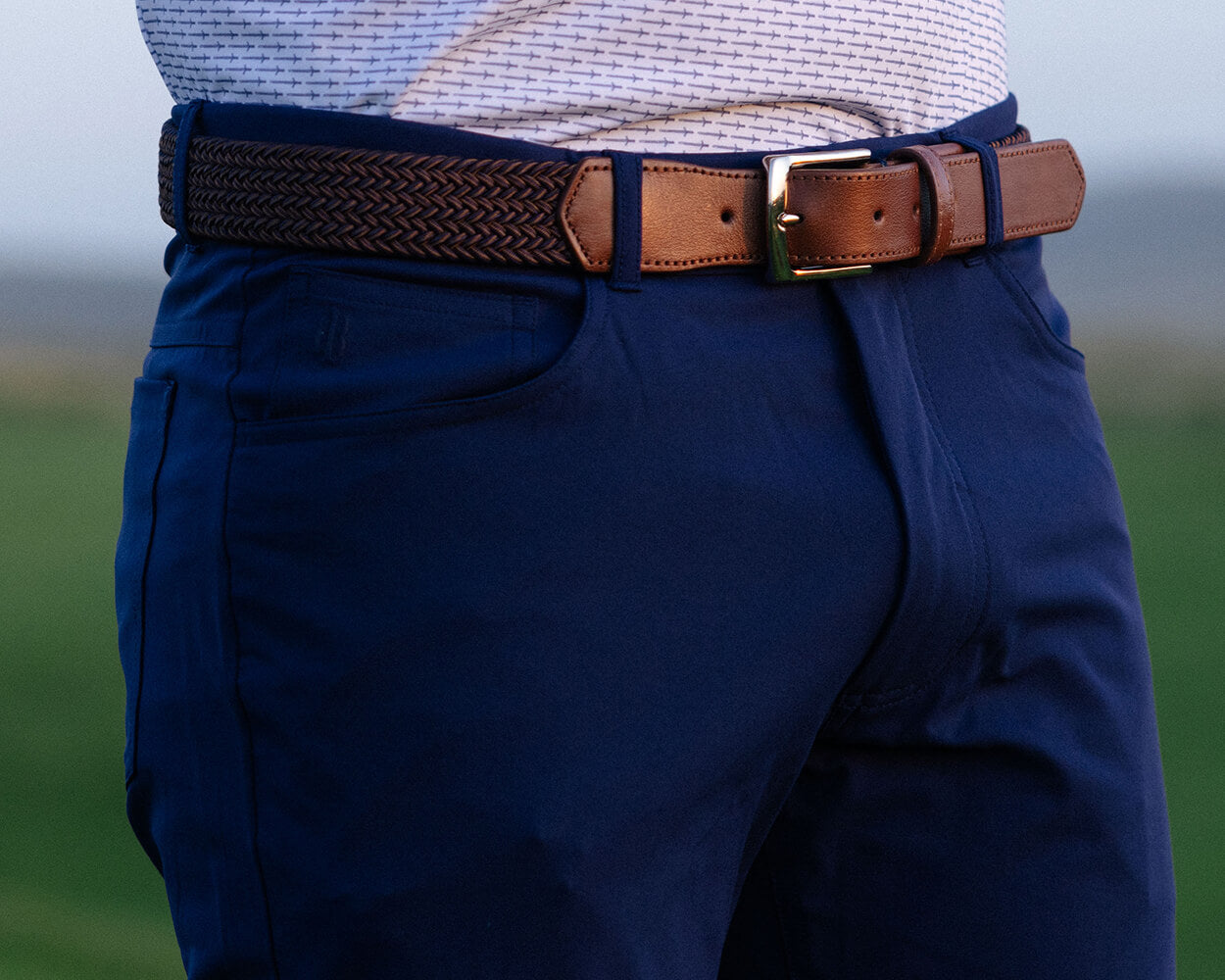 The Fischer Belt: Navy & Whiskey Microstripe- Whiskey Leather