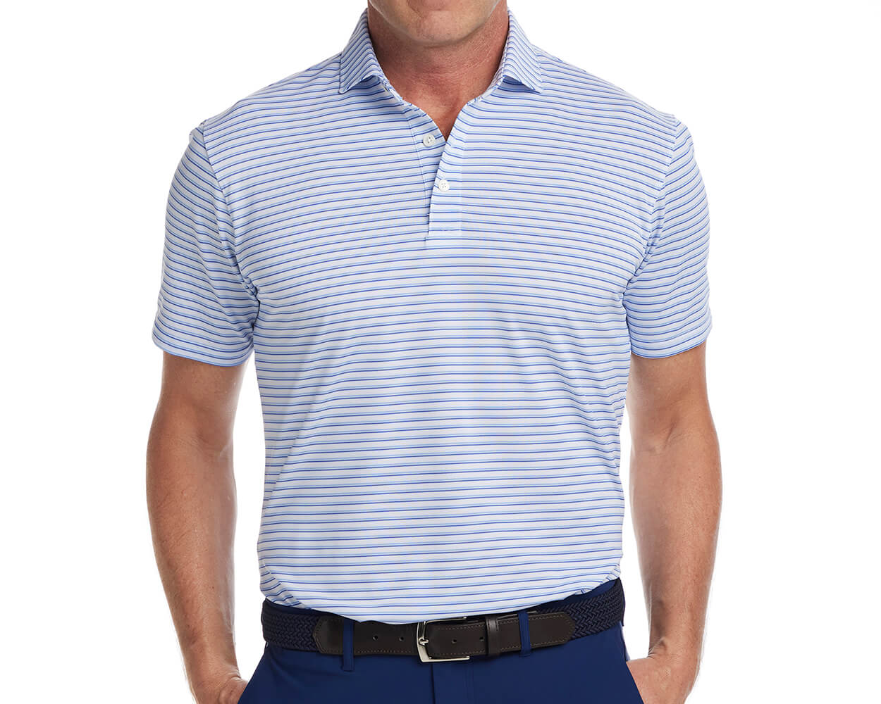 Front shot of Holderness and Bourne white shirt with blue stripes modeled on man's torso.