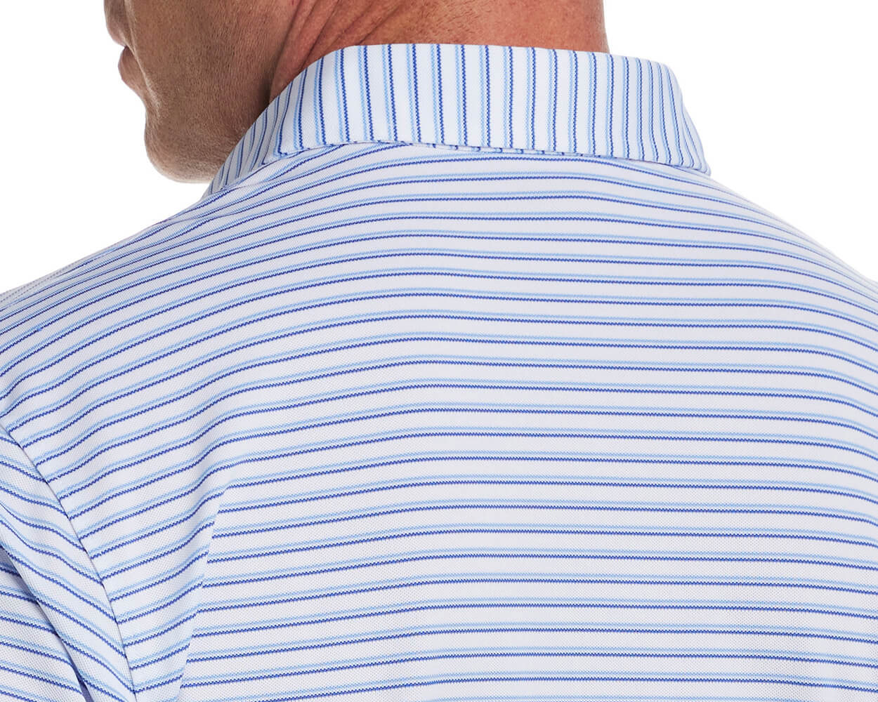 Back shot of Holderness and Bourne white polo with blue stripes collar modeled on man's torso.