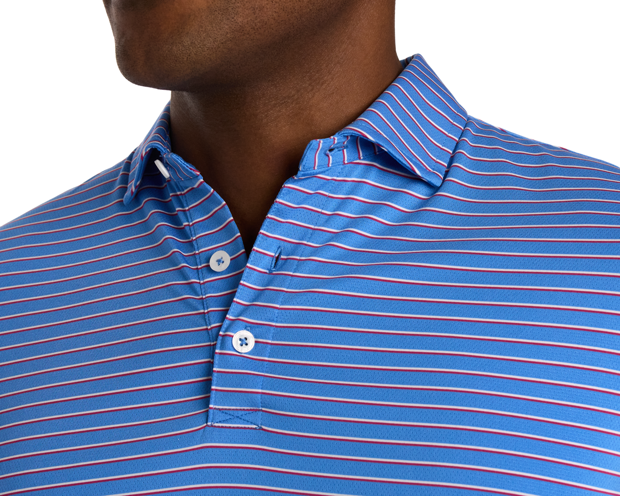 The Springer Shirt: Horizon Blue/White/Cabernet features a folded collar, thin horizontal stripes, and two white buttons, showcasing its breathable, perforated performance knit fabric.