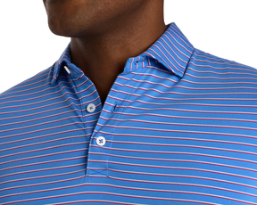 The Springer Shirt: Horizon Blue/White/Cabernet features a folded collar, thin horizontal stripes, and two white buttons, showcasing its breathable, perforated performance knit fabric.