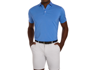 Man wearing The Springer Shirt in Horizon Blue/White/Cabernet with thin stripes, featuring AIRATION® fabric, paired with light-gray shorts and a black woven belt.