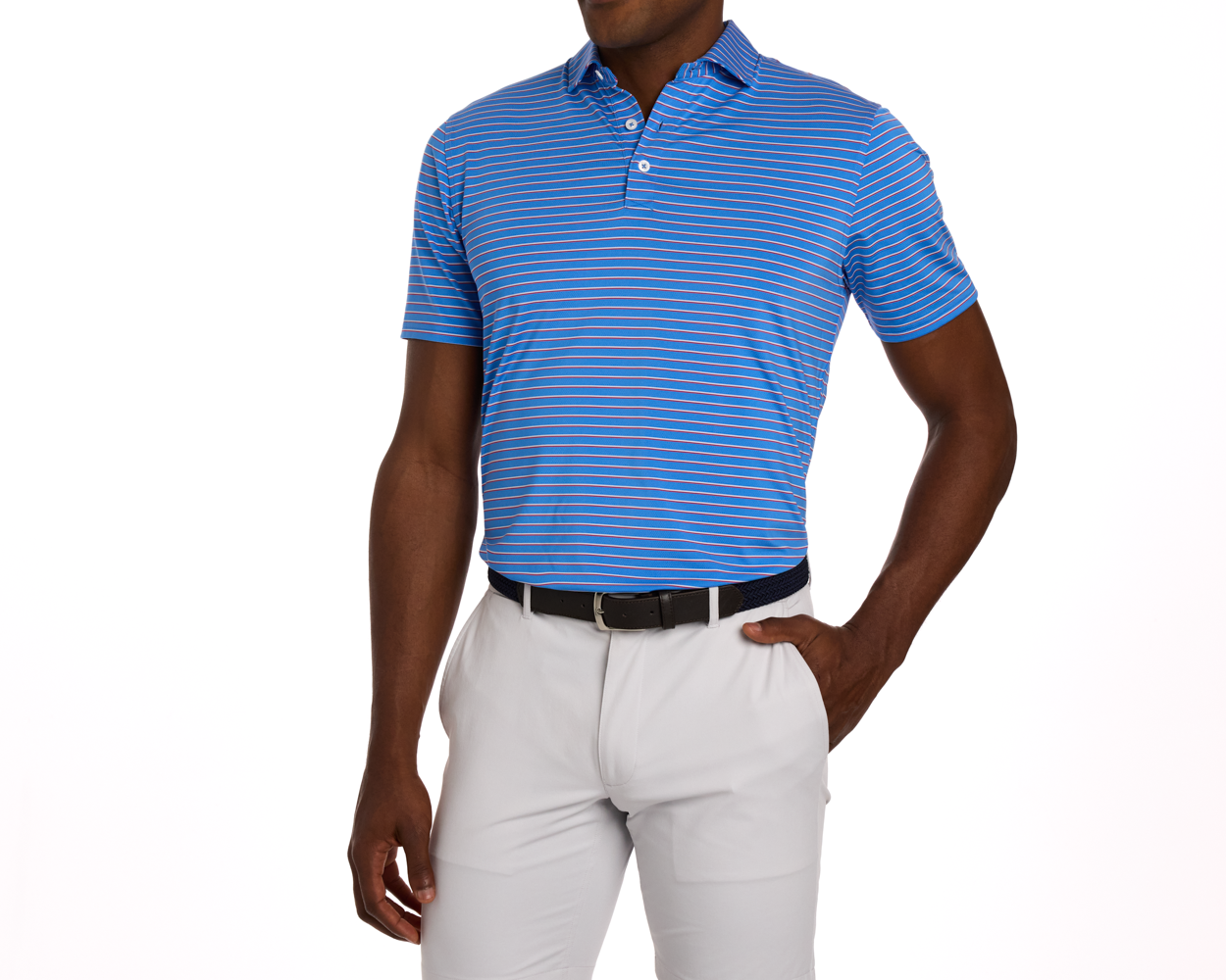 Man wearing The Springer Shirt: Horizon Blue/White/Cabernet, a short-sleeve polo with thin stripes, tucked into trousers, showcasing its structured collar and breathable AIRATION® fabric.