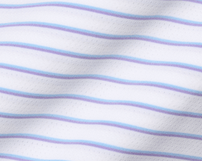 The Springer Shirt: White/Vista Blue/Tudor features ultra-breathable, perforated knit fabric with thin blue and lavender stripes, offering UPF 50+ protection and moisture wicking.
