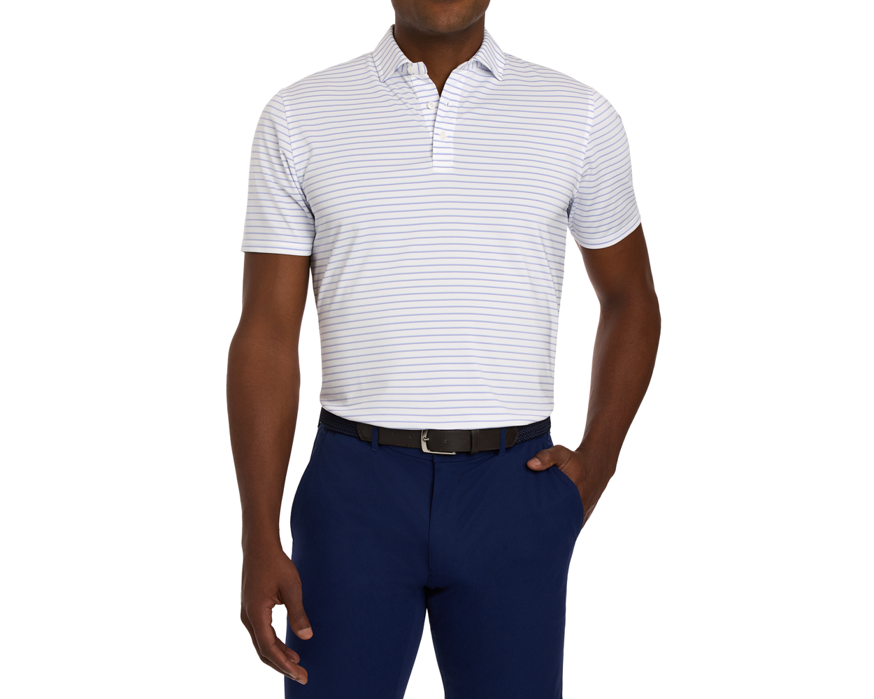 The Springer Shirt: White/Vista Blue/Tudor, worn by a male model, features a structured spread collar, fine stripes, and is paired with navy trousers and a black belt.