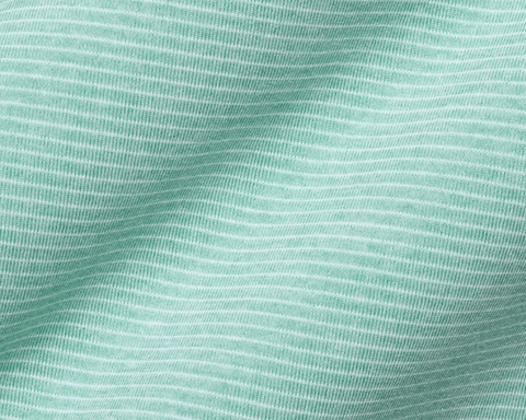 Close-up of The Holland Shirt: Heathered Cascade Green showing the thin white repeat stripe on the heathered, lightweight jersey-knit fabric.
