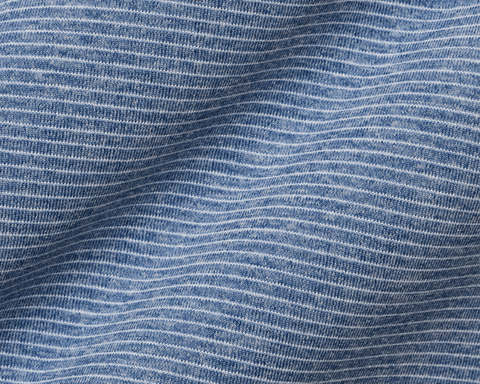 Close-up of The Holland Shirt: Heathered Pacific Blue showing the thin white repeat stripe on the heathered, lightweight jersey-knit fabric.