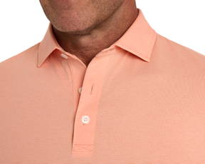 Man wearing The Holland Shirt: Heathered Nectarine, showcasing a soft, pointed collar and button placket, emphasizing the shirt's sophisticated, heathered stripe design.