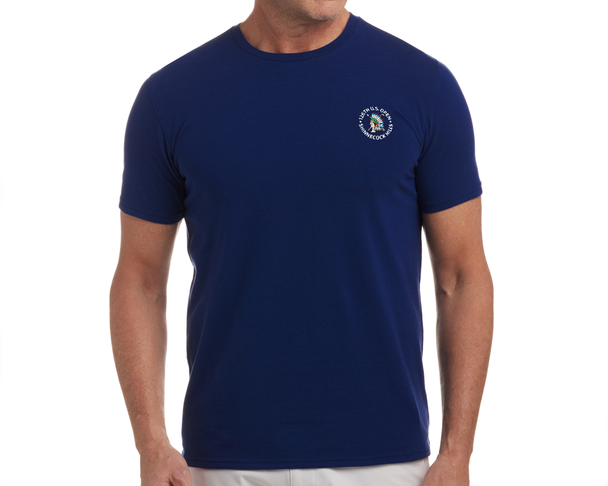 2026 U.S. Open Mason T-Shirt: Navy, featuring a small headdress logo on the chest, worn by a person with bare arms against a plain background.