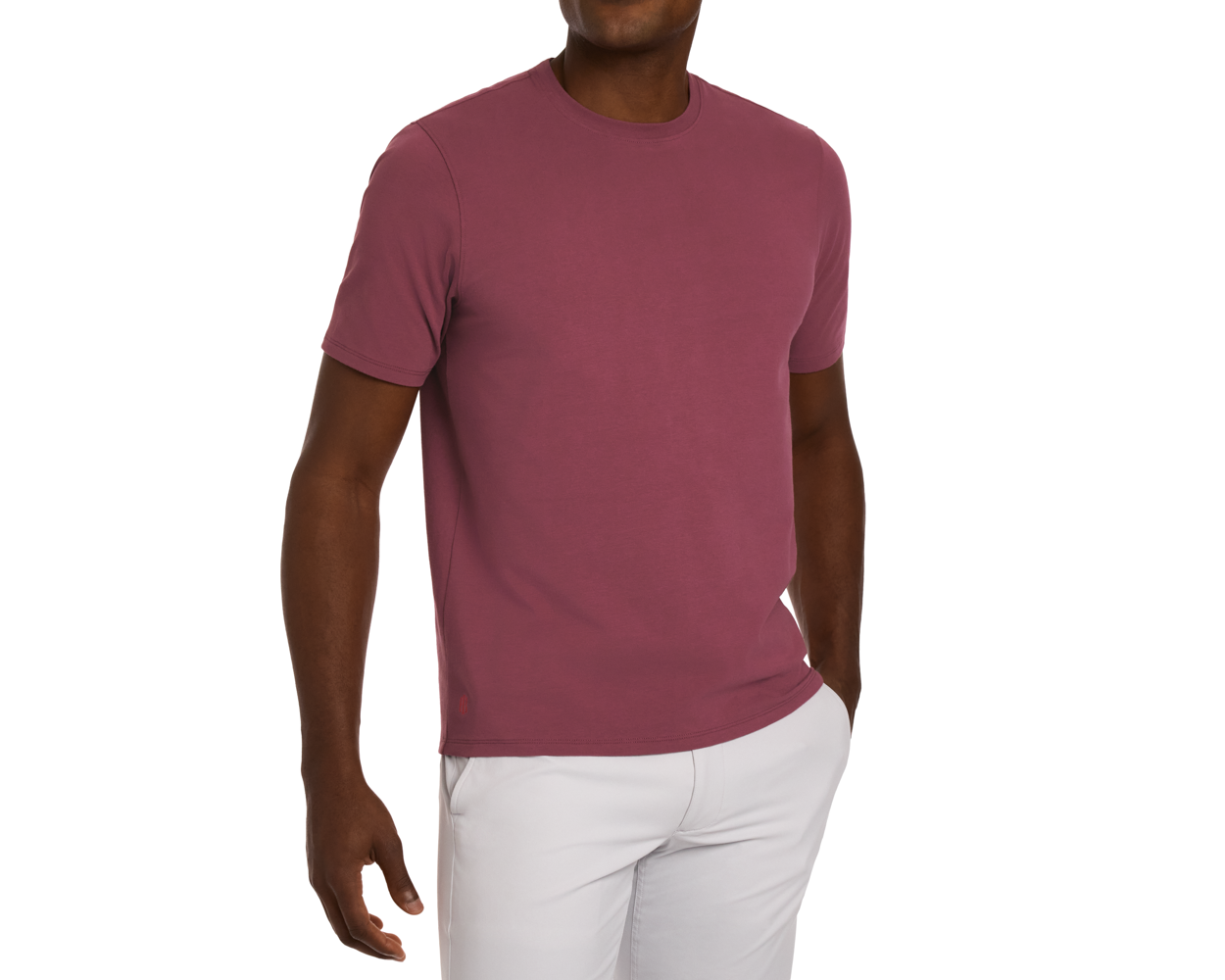 The Mason T-Shirt: Cabernet, a classic crew-neck style, showcases a muted burgundy color, midweight fabric, and signature fit, worn with light pants.